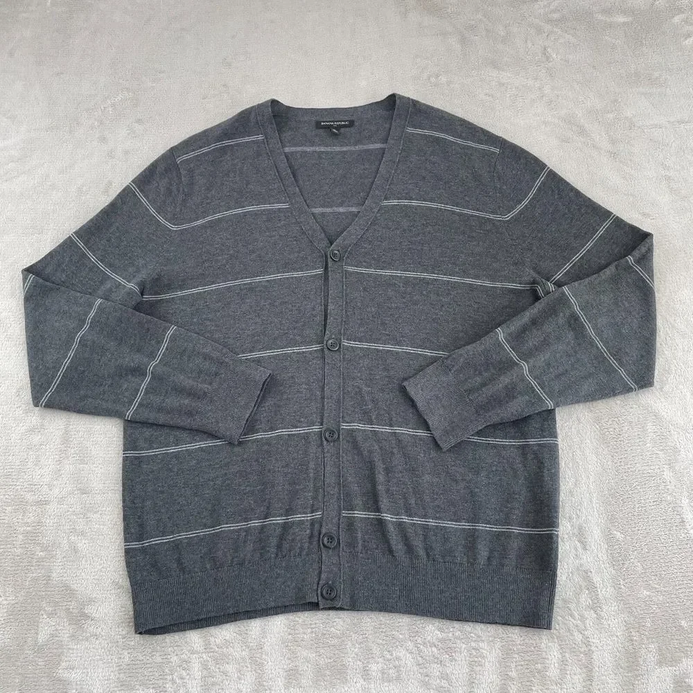 Banana Republic Cardigan Sweater Men XL Grey‎ Striped Soft Grandpa Preppy NWOT